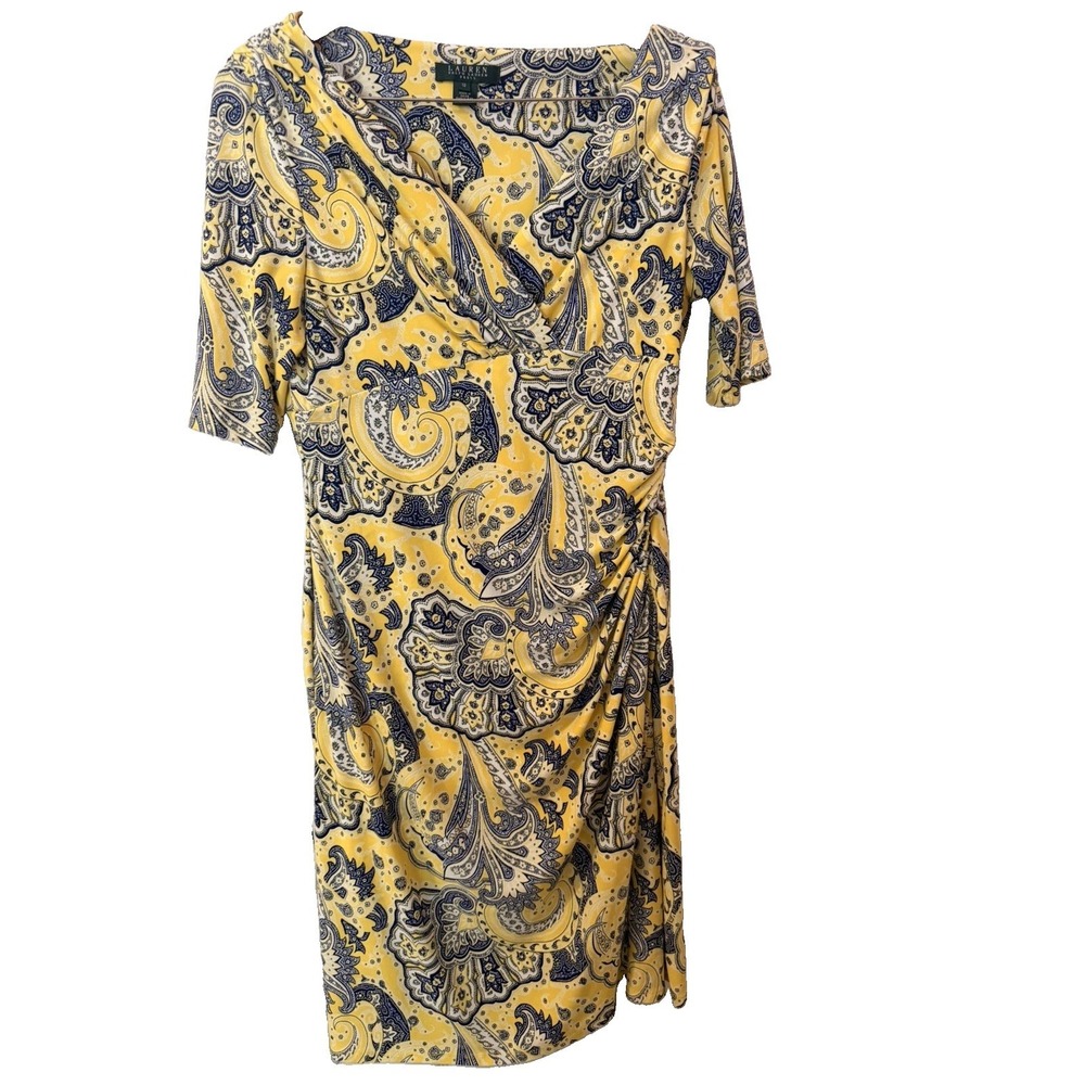 Lauren Ralph Lauren Yellow Paisley Faux Wrap Ruched Sheath Dress Womens 10
